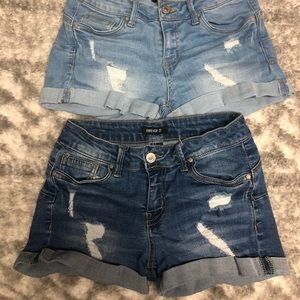 Dark and light wash denim jean shorts, mid-rise